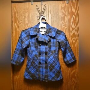 London Fog Girls 5-6 Blue Black Plaid Pea Coat UVG